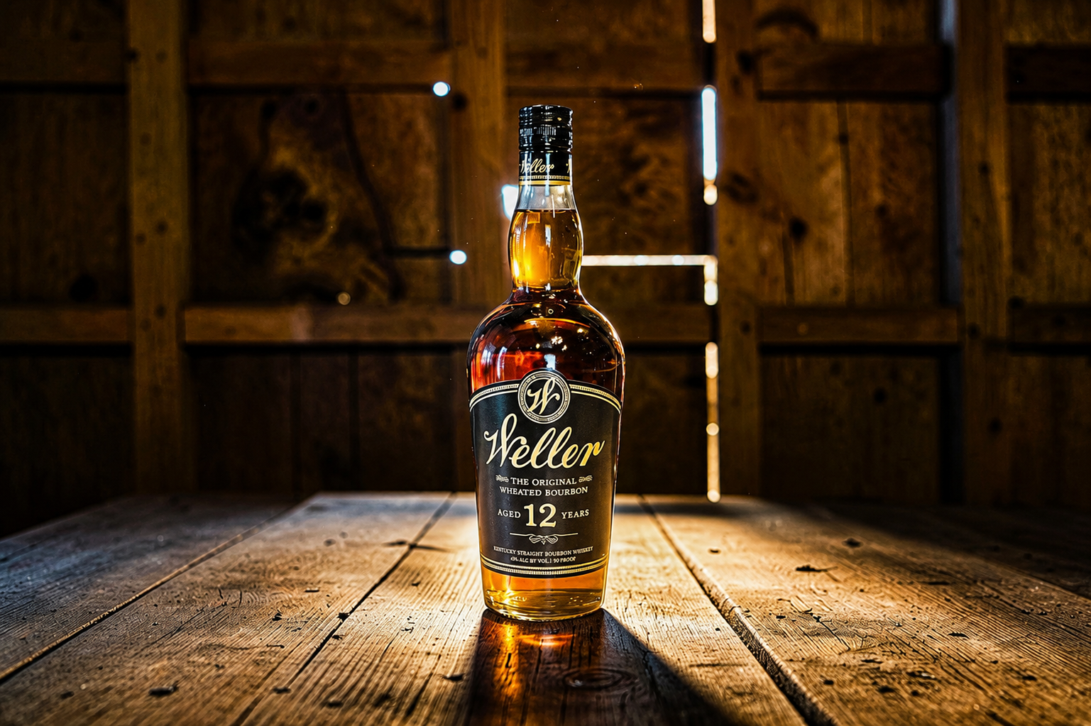 Weller 12 Year wheated bourbon bottle on a rustic wooden table with warm Kentucky-style warehouse lighting